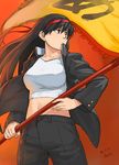  azumanga_daiou azusa_(hws) black_hair breasts flag gakuran hairband large_breasts long_hair midriff open_clothes open_shirt pants sakaki school_uniform shirt solo t-shirt 