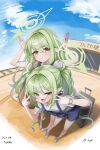  2girls :&lt; :d absurdres alternate_costume artist_name bag bare_legs blue_archive blue_sky blush cloud commentary dated day fang green_hair green_halo hair_between_eyes halo hands_up highres hikari_(blue_archive) leaning_forward long_hair looking_at_viewer mixed-language_commentary multiple_girls nozomi_(blue_archive) open_mouth outdoors overall_shorts overalls pointy_ears railroad_tracks shirt shoes short_shorts short_sleeves shorts siblings sisters skin_fang sky smile standing ticker_(kks2ksy) twins twintails watch white_shirt white_shoes wristwatch yellow_eyes 