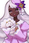  1girl :d clenched_hand commentary_request dark-skinned_female dark_skin dress eyelashes gloves hands_up happy hat jacinthe_(pokemon) jewelry long_sleeves open_mouth pokemon pokemon_legends:_z-a puffy_sleeves purple_dress purple_eyes purple_hat ring smile solo sononi_(iuouos) teeth tilted_headwear upper_body upper_teeth_only watermark white_gloves 