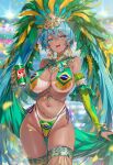  1girl ai-generated bare_shoulders blue_eyes blue_hair blurry blush brazilian_miku breasts can chest_jewel confetti detached_sleeves drink_can earrings feather_hair_ornament feathers gem hair_ornament handkerchief hatsune_miku highres hug huge_breasts jewelry long_hair navel open_mouth smile soda_can sweat swimsuit tan tanlines teeth twintails underboob upper_teeth_only veil vocaloid yuneillusts 
