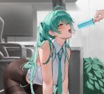  1girl 1other all_fours black_pantyhose blush breasts collared_shirt commentary double-parted_bangs fingernails food green_eyes green_hair green_necktie hatsune_miku highres holding holding_food holding_popsicle long_hair mizoshi-x necktie open_mouth pantyhose popsicle red_nails saliva saliva_trail sexually_suggestive shirt sleeveless sleeveless_shirt solo_focus thighband_pantyhose tongue tongue_out twintails vocaloid white_shirt 