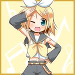  blonde_hair blue_eyes detached_sleeves hair_ribbon kagamine_rin microphone midriff minami_(colorful_palette) one_eye_closed ribbon shorts solo vocaloid 