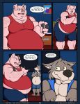 absurd_res anthro arm_hair ashtray belly belly_hair big_bad_wolf big_belly black_nose blue_bottomwear blue_clothing blue_shorts blue_topwear blue_vest bodily_fluids body_hair bottomwear canid canine canis chest_hair cigar clothed clothed_male clothing coffee_table comic container cup dialogue domestic_pig duo electronics english_text facial_hair fairy_tales fangs fully_clothed fully_clothed_male fur grey_body grey_fur hairy hairy_body hairy_legs hi_res huge_belly huttsergreywolf larger_male leg_hair long_snout male mammal musclegut muscular muscular_anthro muscular_arm muscular_arms muscular_male navel overweight overweight_anthro overweight_male picture_frame pink_body red_clothing red_shirt red_tank_top red_topwear shirt shorts shoulder_hair size_difference snout speech_bubble suid suine sus_(pig) sweat sweatdrop tall_male tank_top teeth television text the_three_little_pigs topwear vest wolf