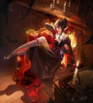  1girl absurdres animal_on_shoulder arknights arm_up ascot bat_(animal) bat_wings black_dress black_shoes black_wings chair closed_mouth collar commentary dress earrings english_commentary entelechia_(arknights) gloves hair_between_eyes hair_horns high_heels highres indoors jewelry juliet_sleeves kneehighs light_smile long_dress long_sidelocks long_sleeves mole mole_under_eye on_chair pointy_ears puffy_sleeves qkun red_eyes red_gloves shoes sidelocks sitting socks white_ascot white_collar wings 