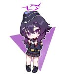  1girl bare_legs belt black_belt black_boots black_hat blue_archive blue_jacket blush boots buttons chibi chibi_only closed_mouth collared_shirt commentary_request dot_mouth dot_nose double-breasted double-parted_bangs full_body garrison_cap gradient_hair grey_skirt hair_between_eyes hair_ornament hairclip halo hands_up haruka_(blue_archive) hat head_tilt highres jacket jorang_(jorang08) lapels long_sleeves looking_at_viewer medium_hair miniskirt multicolored_hair notched_lapels outline pigeon-toed pleated_skirt purple_background purple_eyes purple_hair purple_halo raised_inner_eyebrows red_shirt shirt skirt solo standing thick_eyelashes white_background white_outline 