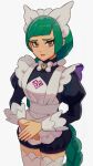  1girl absurdres apron braid brown_eyes closed_mouth commentary_request cowboy_shot green_hair headdress highres lebanne_(pokemon) long_hair long_sleeves maid miromari own_hands_together pokemon pokemon_legends:_z-a puffy_sleeves simple_background solo thighhighs white_background 