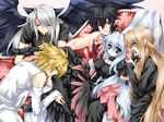  4boys angel_wings animal_ears ashe_(under_the_moon) black_hair blonde_hair blue_eyes blue_hair cat_ears choker closed_eyes detached_sleeves dress game_cg high_heels kyle_(under_the_moon) long_hair male_harem multiple_boys pantyhose pointy_ears red_eyes sena_(under_the_moon) shoes short_hair silver_hair smile toujou_sakana unan under_the_moon very_long_hair wings zero_(under_the_moon) 