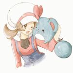  1girl ;d asuka_rkgk blush bow brown_hair eyelashes hand_up happy hat hat_bow long_hair lyra_(pokemon) marill one_eye_closed open_mouth overalls pokemon pokemon_(creature) pokemon_hgss pokemon_on_arm red_bow shirt simple_background smile tongue white_background white_hat 