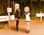  arms_behind_back black_legwear blonde_hair child evening forest glasses guard_rail long_hair multiple_girls nature original road short_hair shorts smile sody thighhighs 