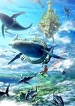  castle chain city cloud fish floating_castle floating_island flying_fish lake landscape original oropi scenery sky tower whale 