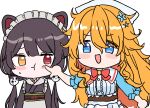  2girls :d :t animal_ears apron black_hair black_kimono blue_eyes blue_flower blush_stickers bow brown_skirt cheek_poking chibi closed_mouth commentary_request dog_ears dog_hair_ornament flower frilled_apron frills hair_between_eyes hair_flower hair_ornament inui_toko inui_toko_(1st_costume) japanese_clothes kimono long_hair low_twintails maid maid_headdress mochimiko multiple_girls nijisanji obi orange_hair otogibara_era_(1st_costume) poking puffy_short_sleeves puffy_sleeves red_bow sash shirt short_sleeves simple_background skirt smile twintails upper_body very_long_hair virtual_youtuber wa_maid wavy_mouth white_apron white_background white_flower white_shirt 