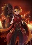  1girl black_gloves black_pants closed_mouth copyright_notice dress fire gloves highres horse kei_s01 looking_at_viewer medium_hair official_art pants red_dress red_eyes red_hair smile solo tristan_(wixoss) wixoss 