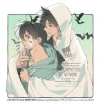  2boys :d bat_(animal) cloak drawstring facial_tattoo from_side ghost_costume ghost_tattoo green_hoodie grin hood hoodie hug hug_from_behind kidkuroba4869 kudou_shin&#039;ichi kuroba_kaito looking_at_viewer magic_kaito male_focus meitantei_conan multiple_boys short_hair smile tattoo upper_body watermark white_cloak yaoi 