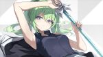  1girl :o absurdres armpits black_shirt breasts collarbone collared_shirt commentary_request crossed_bangs double-parted_bangs g_home grey_hair hair_between_eyes hair_spread_out hands_up highres holding holding_sword holding_weapon korean_commentary long_bangs long_hair looking_at_viewer lying medium_breasts multicolored_eyes multicolored_hair on_back parted_lips shirt sleeveless sleeveless_shirt solo stellive streaked_hair sword twintails upper_body virtual_youtuber weapon wing_collar yuzuha_riko 
