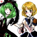  arm_warmers artist_request blonde_hair blush dress front_ponytail green_eyes green_hair heart holding_hands kagiyama_hina lowres mizuhashi_parsee multiple_girls one_eye_closed open_mouth pointy_ears ribbon scarf short_hair sweat touhou 