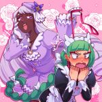  2girls ^^^ angry apron arms_up artist_name black_dress blunt_bangs blush braid brooch collar collarbone commentary cryleighart dress fangs floating_hair floral_background flower flower_request frilled_dress frills gloves gold_buttons gradient_eyes green_hair hand_on_own_cheek hand_on_own_face hat hat_flower hat_ornament highres holding holding_leash jacinthe_(pokemon) jewelry leaning_forward leash leash_pull lebanne_(pokemon) light_blush long_hair long_sleeves maid_apron maid_headdress multicolored_eyes multiple_girls nose_blush open_mouth orange_eyes pink_background pokemon pokemon_legends:_z-a purple_dress purple_eyes purple_flower purple_hair purple_hat red_collar ring rose_background smile sparkle striped_background struggling swept_bangs teeth twin_braids upper_body upper_teeth_only v-shaped_eyebrows very_long_hair white_gloves yellow_eyes 