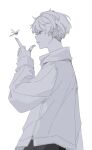  1boy animal bug cowboy_shot dragonfly from_side greyscale hand_up highres long_sleeves male_focus monochrome mooshiki original parted_lips profile shirt short_hair simple_background solo white_background 