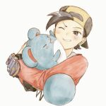  1boy asuka_rkgk backwards_hat baseball_cap black_hair blush ethan_(pokemon) grey_eyes hat holding holding_pokemon jacket long_sleeves male_focus marill one_eye_closed pokegear pokemon pokemon_(creature) pokemon_hgss red_jacket short_hair simple_background teeth white_background 
