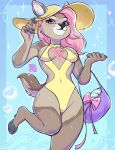 5_fingers anthro blue_eyes bow_ribbon breasts brown_body brown_fur bubble chest_tuft clothing deer eyelashes female fingers fluffy.linart fur fur_markings hair handbag happy hat headgear headwear hi_res hooves inner_ear_fluff mammal markings medium_breasts multicolored_body multicolored_fur one-piece_swimsuit pink_hair raised_hoof short_tail simple_background solo swimwear tail thigh_gap tuft watermark wide_hips