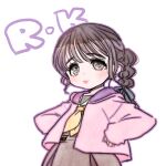  1girl animification black_hair black_ribbon brown_dress commentary_request deformed dress grey_eyes hair_ribbon hasu_no_sora_school_uniform hood hooded_jacket jacket kurusu_rin link!_like!_love_live! lips long_sleeves looking_at_viewer love_live! mole mole_under_eye multi-tied_hair neckerchief open_clothes open_jacket pink_jacket pleated_dress ponytail real_life revision ribbon sailor_collar sailor_dress school_uniform shinanoya_(satanicad) shirt simple_background sleeves_past_wrists solo standing voice_actor white_background white_sailor_collar white_shirt winter_uniform yellow_neckerchief 