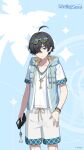  1boy ahoge black_hair blue-tinted_eyewear blue_background blue_jacket cellphone collarbone commentary english_commentary extra_pupils eyewear_on_head feet_out_of_frame gradient-tinted_eyewear green-tinted_eyewear highres holding holding_phone hood hooded_jacket jacket key male_focus male_swimwear male_tyrant_(stella_sora) official_art official_wallpaper phone shirt short_hair sleeveless sleeveless_jacket smartphone solo standing stella_sora sunglasses swim_trunks tinted_eyewear tyrant_(stella_sora) v-neck white_male_swimwear white_shirt white_swim_trunks 
