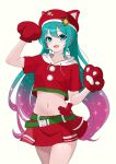  1girl absurdres animal_ears animal_hat aqua_eyes aqua_hair bell belt cat_ears cat_hat crop_top fortnite futatunoniji gloves gradient_hair green_belt hair_ornament hairclip hat hat_bell hatsune_miku headset highres hood hoodie long_hair midriff multicolored_hair navel neko_hatsune_miku open_mouth pink_hair red_gloves red_hat red_shirt red_skirt shirt short_sleeves skirt solo stomach two-tone_hair vocaloid white_hoodie 