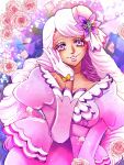  1girl ascot bow colored_eyelashes dark-skinned_female dark_skin dress fascinator flower frilled_ascot frills gem glove_bow gloves green_gemstone hair_ornament hand_on_own_cheek hand_on_own_face hand_up highres jacinthe_(pokemon) jewelry juliet_sleeves long_hair long_sleeves looking_at_viewer low_drills momic0m parted_lips pink_flower pink_lips pink_rose pokemon pokemon_legends:_z-a puffy_sleeves purple_dress purple_eyes purple_hair rose smile solo very_dark_skin white_gloves yellow_bow 