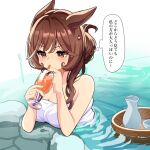  1girl alternate_hairstyle animal_ears bare_arms bare_shoulders blush breasts brown_hair cleavage cup drink drinking_straw drinking_straw_in_mouth gentildonna_(umamusume) hair_bun holding holding_cup holding_drink horse_ears horse_girl large_breasts naked_towel nieto_tokage onsen partially_submerged red_eyes solo towel umamusume 