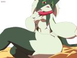 3_fingers anthro areola biped breasts cute_fangs fangs female fingers fur generation_9_pokemon green_body green_fur hi_res looking_at_viewer meowscarada multicolored_body nintendo nipples open_mouth pokemon pokemon_(species) red_body red_eyes sarox simple_background sitting solo teeth tongue