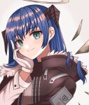  1girl aqua_eyes arknights blue_hair brown_horns brown_jacket closed_mouth commentary fur-trimmed_jacket fur_trim gloves grey_background grey_gloves hand_on_own_cheek hand_on_own_face highres horns jacket kuwan4971 long_sleeves looking_at_viewer medium_hair mostima_(arknights) simple_background smile solo split_mouth upper_body 