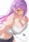 1girl :p absurdres alternate_breast_size_(larger) aoi_zerii black_shorts breasts cleavage colored_inner_hair commentary crop_top demon_girl demon_tail green_eyes hair_ornament hairclip highres hololive long_hair looking_at_viewer midriff multicolored_hair navel official_alternate_hairstyle piercing pink_hair pointy_ears purple_hair short_shorts shorts simple_background solo swept_bangs tail tail_ornament tail_piercing tank_top tokoyami_towa tongue tongue_out virtual_youtuber white_background white_tank_top 