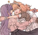  2girls apron arms_around_neck black_skirt bow bowtie braid brown_dress cat_hair_ornament chinese_commentary commentary_request crown_braid dress frilled_apron frills green_eyes hair_bow hair_intakes hair_ornament highres hinoshita_kaho imminent_hug junjun_(kimi-la) link!_like!_love_live! long_hair long_skirt love_live! maid maid_apron maid_headdress medium_hair mixed-language_commentary multiple_girls nyan_nyan_nyan_fair_in_gamers official_alternate_costume open_mouth orange_hair otomune_kozue otomune_kozue_(post-graduation) pink_bow pink_bowtie pink_shirt pleated_skirt puffy_short_sleeves puffy_sleeves purple_hair shirt short_sleeves sidelocks skirt tail tail_bow tail_ornament two_side_up virtual_youtuber white_apron 