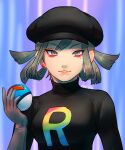  1girl artist_name black_hat black_shirt breasts commentary earrings elbow_gloves english_commentary eyelashes gloves great_ball green_eyes green_hair grey_gloves hair_rings hat holding holding_poke_ball jewelry medium_hair mole mole_under_eye nostrils onisuu poke_ball pokemon pokemon_usum shirt smile solo straight-on team_rainbow_rocket team_rainbow_rocket_grunt team_rainbow_rocket_uniform upper_body 