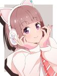  1girl animal_ear_headphones animal_ears blunt_bangs blunt_ends bob_cut border brown_hair cat_ear_headphones cat_ears closed_mouth commentary_request diagonal-striped_clothes diagonal-striped_necktie drop_shadow fake_animal_ears grey_background headphones highres hood hooded_jacket ikizulive!_love_live!_bluebird jacket litecolors_radi long_sleeves looking_at_viewer love_live! making-of_available necktie open_clothes open_jacket outside_border purple_eyes red_necktie sasaki_shion school_uniform shirt short_hair simple_background smile solo split_mouth striped_clothes upper_body white_border white_jacket white_shirt 