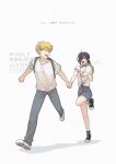  1boy 1girl backpack bag black_shoes blonde_hair bouquet chainsaw_man couple denim denji_(chainsaw_man) full_body grey_pants grey_shorts hair_between_eyes hetero highres holding holding_bouquet holding_hands jeans looking_at_another medium_hair open_mouth pants purple_hair reze_(chainsaw_man) running shirt shoes short_hair short_sleeves shorts smile sneakers socks suuri_0 t-shirt twitter_username white_background white_shirt white_shoes white_socks 