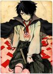  1boy black_cape cape commentary_request faux_traditional_media feet_out_of_frame glasses green_hakama hair_over_one_eye hakama itoshiki_nozomu japanese_clothes kimono koya_higashi looking_to_the_side male_focus noose_necktie red_eyes red_rope rope sayonara_zetsubou_sensei sitting solo thighs translation_request 