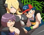  2boys amada blonde_hair blush breasts cleavage commentary_request grey_eyes hair_over_one_eye hat hug large_breasts long_hair looking_at_viewer multiple_boys pokemon pokemon_(anime) pokemon_(game) pokemon_dp_(anime) pokemon_dppt satoshi_(pokemon) shinji_(pokemon) shirona_(pokemon) sweatdrop 