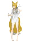  1girl after_bathing alternate_costume animal_ears bare_legs barefoot blonde_hair bottle breasts closed_eyes commentary dated fang fingernails fox_ears fox_girl fox_tail full_body highres holding holding_bottle kitsune kyuubi medium_breasts milk_bottle multiple_tails ransyamaaa96818 shirt short_hair signature simple_background smile solo t-shirt tail toenails toes touhou towel towel_around_neck white_background white_shirt yakumo_ran 