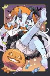  1girl ankle_wrap arum_(world_flipper) barefoot bat_(animal) black_bow black_dress bloomers blue_skin bow bowtie bright_pupils candy cape colored_skin dress fang feet food gradient_background hair_between_horns hair_bow halloween halloween_costume hat highres horns jack-o&#039;-lantern kneepits legs lollipop mwm5 orange_bow orange_bowtie outside_border pointy_ears red_eyes soles solo star_(symbol) toes twintails white_bow white_pupils witch witch_hat world_flipper wrapped_candy 