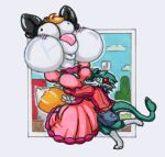 2025 4_fingers anthro barefoot black_ears black_eyes blue_bottomwear blue_clothing blue_shorts blush blush_lines border bottomwear boujieshin breasts canid canine clothed clothed_anthro clothing cosplay dipstick_tail displaced_mass dot_pupils dragon dress duo eyelashes eyes_closed face_on_breast feet female fingers fox green_body head_expansion hug huge_head humor leg_markings male mammal mario_bros markings medium_breasts mouth_closed mythological_creature mythological_scalie mythology nintendo one_leg_up orange_tail pink_clothing pink_dress pink_nose pointy_ears princess_peach raised_leg red_clothing red_topwear scalie shaded shorts socks_(marking) tail tail_markings thin_eyebrows tight_hug toony topwear traditional_media_(artwork) white_border white_head white_tail_tip zera_(titsunekitsune)
