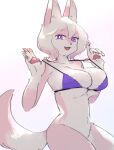 2025 anthro big_breasts bikini bikini_pull bikini_top bottomless breast_squish breasts canid canine canis clothed clothing clothing_pull female fur hi_res kemono mammal pawpads pink_body pink_fur poyapoya00 purple_bikini purple_clothing purple_eyes purple_swimwear solo squish swimwear swimwear_pull two-piece_swimsuit white_body white_fur