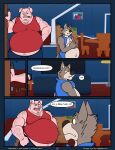 absurd_res anthro arm_hair belly belly_hair big_bad_wolf big_belly black_nose blue_bottomwear blue_clothing blue_shorts blue_topwear blue_vest body_hair bottomwear building canid canine canis chair chest_hair clothed clothed_anthro clothed_male clothing comic container cup dialogue domestic_pig duo ear_piercing electronics english_text facial_hair fairy_tales fangs fully_clothed fully_clothed_anthro fully_clothed_male fupa fur furniture furniture_lamp grey_body grey_fur hi_res house huge_belly huttsergreywolf lamp lamp_shade larger_male long_snout male mammal musclegut muscular muscular_anthro muscular_arm muscular_arms muscular_male navel overweight overweight_anthro overweight_male pecs picture_frame piercing pink_body red_clothing red_shirt red_tank_top red_topwear shirt shorts shoulder_hair size_difference snout sofa speech_bubble stairs suid suine sus_(pig) table tall_anthro tall_male tank_top teeth television text the_three_little_pigs topwear unimpressed vest wolf