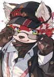  1boy absurdres adjusting_eyewear black_hat black_suit commentary fang furry furry_male glasses hand_on_eyewear hat heart highres looking_to_the_side male_focus open_mouth red_fur red_panda_boy red_panda_ears school_uniform shirt smile suit symbol-only_commentary tokyo_afterschool_summoners white_shirt yed_(yedsilent) zhurong_(housamo) 