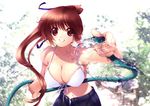  bikini breasts cleavage dead_or_alive denim front-tie_top grin hair_ribbon happy hose iizuki_tasuku jeans kasumi_(doa) large_breasts looking_at_viewer o-ring o-ring_top pants ponytail red_eyes red_hair ribbon smile solo strap_gap swimsuit water 