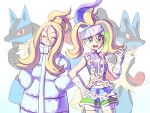  1girl 1other bandolier belt bike_shorts bike_shorts_under_shorts black_fur blonde_hair blue_eyes blue_fur blue_hair blue_shorts body_fur breasts closed_eyes closed_mouth coat dress fingerless_gloves furry gloves green_shorts hair_between_eyes hairband hands_in_pockets highres korrina_(pokemon) long_hair looking_at_viewer lucario mega_lucario mega_pokemon mega_stone midriff multicolored_fur multicolored_hair open_mouth painter_rin pokemon pokemon_(creature) pokemon_legends:_z-a ponytail purple_hair purple_shirt red_eyes shirt shorts shorts_under_dress sleeveless sleeveless_shirt smile spikes teeth white_coat white_gloves winter_clothes winter_coat yellow_fur 