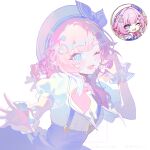  1girl absurdres blue_eyes commentary cyrene_(aedes_elysiae)_(honkai:_star_rail) cyrene_(honkai:_star_rail) diamond-shaped_pupils diamond_(shape) hair_ornament hairclip half-heart_hands hand_up hat heart heart_hair_ornament highres honkai:_star_rail honkai_(series) long_hair looking_at_viewer luzi/fengli_nanzi neckerchief official_alternate_costume official_art_inset one_eye_closed open_mouth parallel_hairclips pink_hair pink_neckerchief pointy_ears puffy_short_sleeves puffy_sleeves purple_skirt shirt short_sleeves sidelocks simple_background skirt smile solo suspender_skirt suspenders symbol-only_commentary symbol-shaped_pupils upper_body white_background white_hat white_shirt 