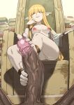  1boy 1girl absurdres anus barefoot blonde_hair book bottomless breasts censored commentary_request dark-skinned_male dark_skin elf erection feet footjob hair_tubes heart heart_censor hetero highres huge_penis long_hair looking_at_viewer low-tied_sidelocks medium_breasts naked_robe nipples orgoglioso_banane parted_lips penis pile_of_books pointy_ears precum pussy robe serie_(sousou_no_frieren) sidelocks sitting sitting_on_throne solo_focus sousou_no_frieren throne toes two-footed_footjob uncensored veins veiny_penis very_long_hair white_robe yellow_eyes 