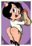 2025 4_fingers anthro artist_logo artist_name big_butt big_eyes biped black_clothing black_eyebrows black_eyes black_footwear black_hair black_high_heels black_shoes border bottomless bottomless_anthro bottomless_female butt clothed clothing curled_tail curved_eyebrows dark_hair digital_drawing_(artwork) digital_media_(artwork) domestic_pig eyebrows eyelashes female fingers food footwear full-length_portrait garabatoz geometric_background giant_food glistening glistening_body glistening_butt glistening_cheeks glistening_face hair happy head_turned hi_res high_heels holding_food holding_hot_dog holding_object hot_dog humanoid_hands iris light_body logo long_eyelashes looking_at_viewer looking_back looking_back_at_viewer looney_tunes mammal monotone_body number open_mouth open_smile outline outside_border petunia_pig pink_body pink_ears pink_nose pink_tail pink_tongue pockets pointy_ears portrait prick_ears purple_background shirt shoes short_hair short_tail simple_background smile smiling_at_viewer solo standing straight_legs suid suine sus_(pig) tail text thick_thighs three-quarter_view tongue topwear url warner_brothers white_border white_clothing white_outline white_sclera white_shirt white_topwear