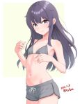 1girl akatsuki_(kancolle) alternate_costume ame-san bikini bikini_top_only black_hair dated dolphin_shorts flat_chest gradient_background grey_bikini grey_eyes grey_shorts highres kantai_collection shorts sidelocks smile solo swimsuit twitter_username white_background yellow_background 