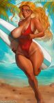  1girl artist_name blonde_hair blushed_arts breasts day holding holding_surfboard large_breasts lifeguard_(lilo_&amp;_stitch) lilo_&amp;_stitch long_hair nipple_slip nipples one-piece_swimsuit outdoors patreon_username red_one-piece_swimsuit running solo surfboard swimsuit water web_address 